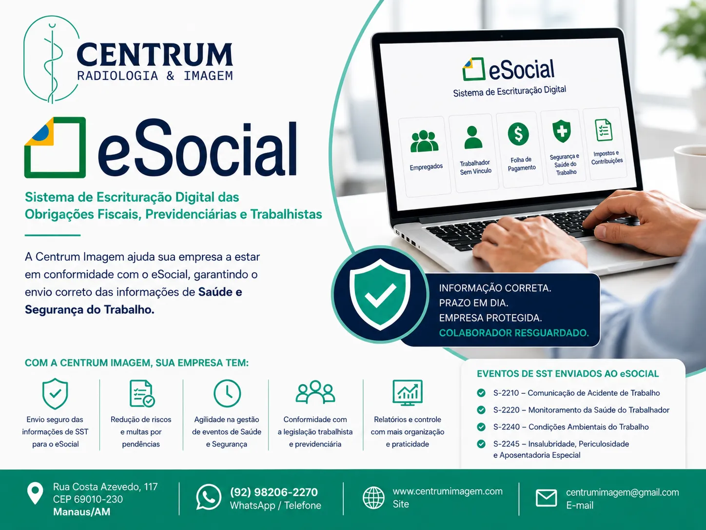 eSocial em Manaus com gestão SST, envio de eventos trabalhistas e Medicina do Trabalho pela Centrum Imagem em Manaus AM