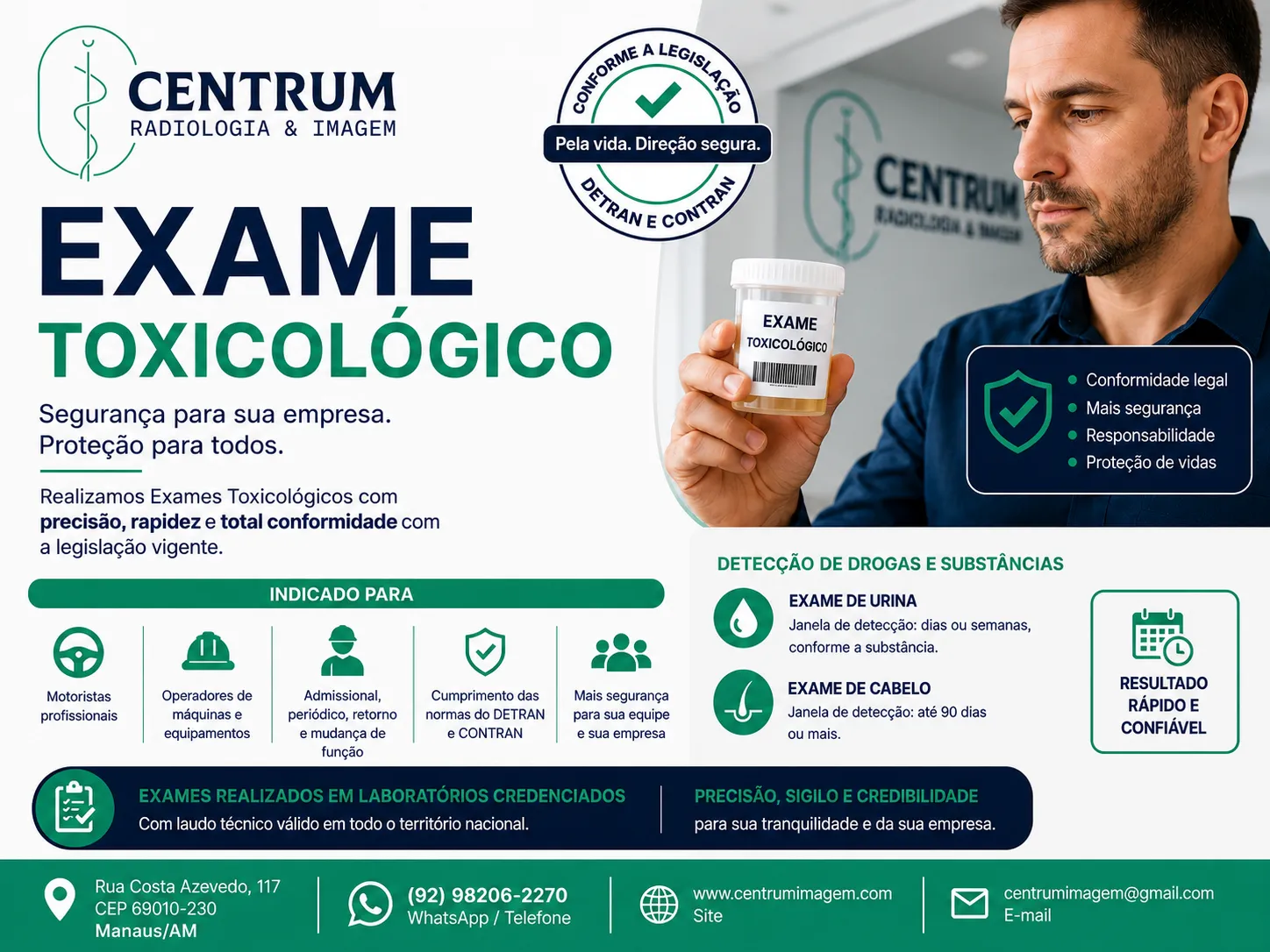 Exame toxicológico em Manaus para motoristas e empresas realizado pela Centrum Imagem Medicina do Trabalho em Manaus AM